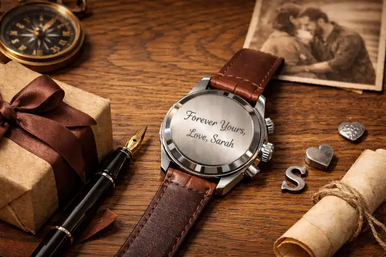 Engraved watch for husband with romantic message, meaningful personalized gift idea