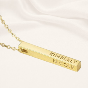 Close-up of personalized vertical bar pendant showing engraved name detail on gold finish Personalized Mother Necklace, 4 Side Bar Necklace, Kids Names Necklace