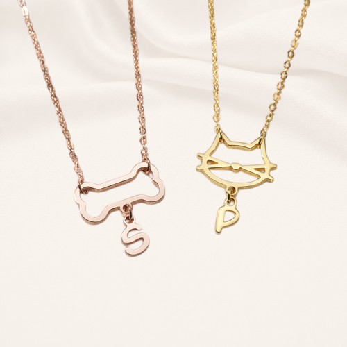 Dog Bone and Cat Face Initial Necklaces – Rose Gold and Gold Dog Bone and Cat Face Initial Necklaces – Rose Gold and Gold