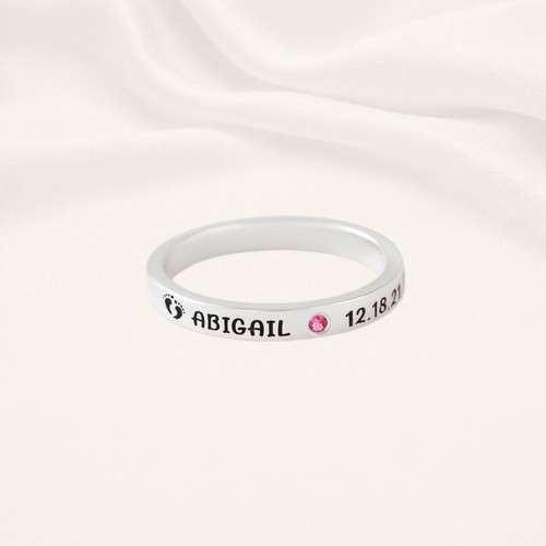 New Mom Ring-Enraved Baby Name and Birth stone New Mom Ring – Baby Name & Stats Ring