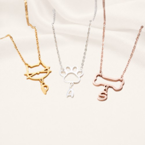 Paw Print Initial Necklace in gold, rose gold and silver