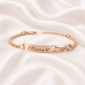 Personalized baby bracelet with name engraved on gold charm and birthstone Personalized baby bracelet with name engraved on gold charm and birthstone