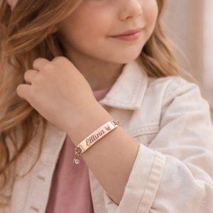 Personalized baby bracelet with name engraved on gold charm and birthstone
