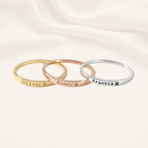 Personalized pet name ring with paw print engraving in gold — dog and cat lover keepsake by Keevola