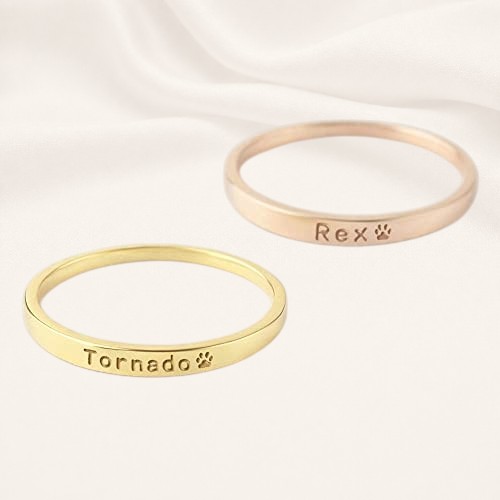 Engraved pet names on stackable rings — rose gold finish