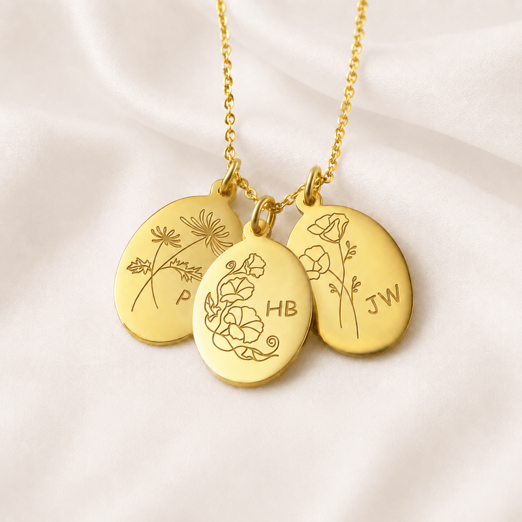 Birth Flower Initial Necklace – Oval Charm Pendant