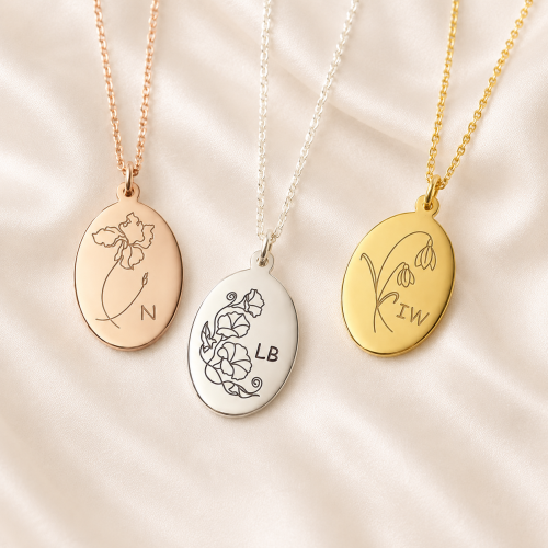 Birth Flower Initial Necklace – Oval Charm Pendant