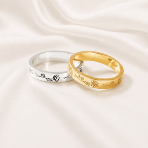 birth flower ring with engraved family birth month flowers growing from shared roots