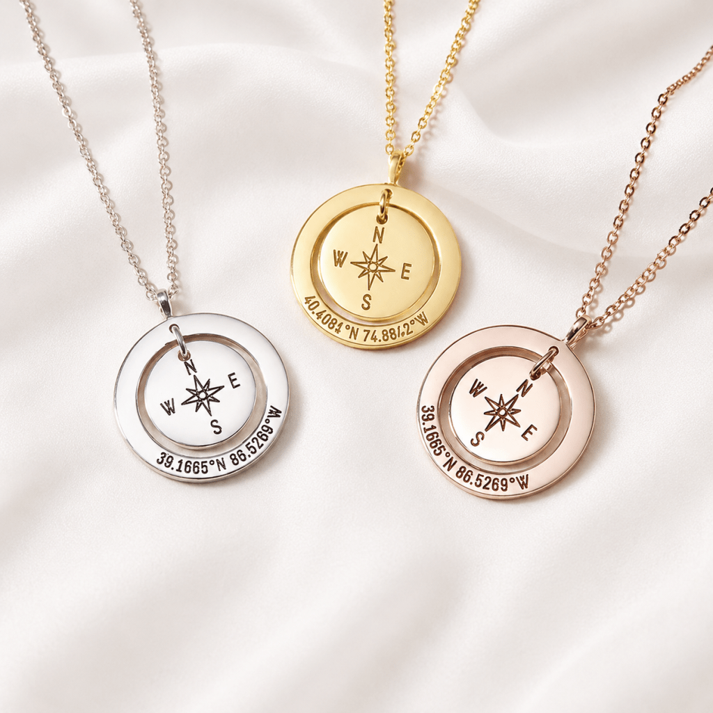 Coordinates Compass Necklace – Engraved Location Pendant