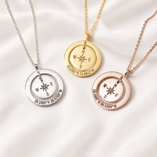 Coordinates Necklace in Silver, Gold and Rose Gold Coordinates Compass Necklace – Engraved Location Pendant