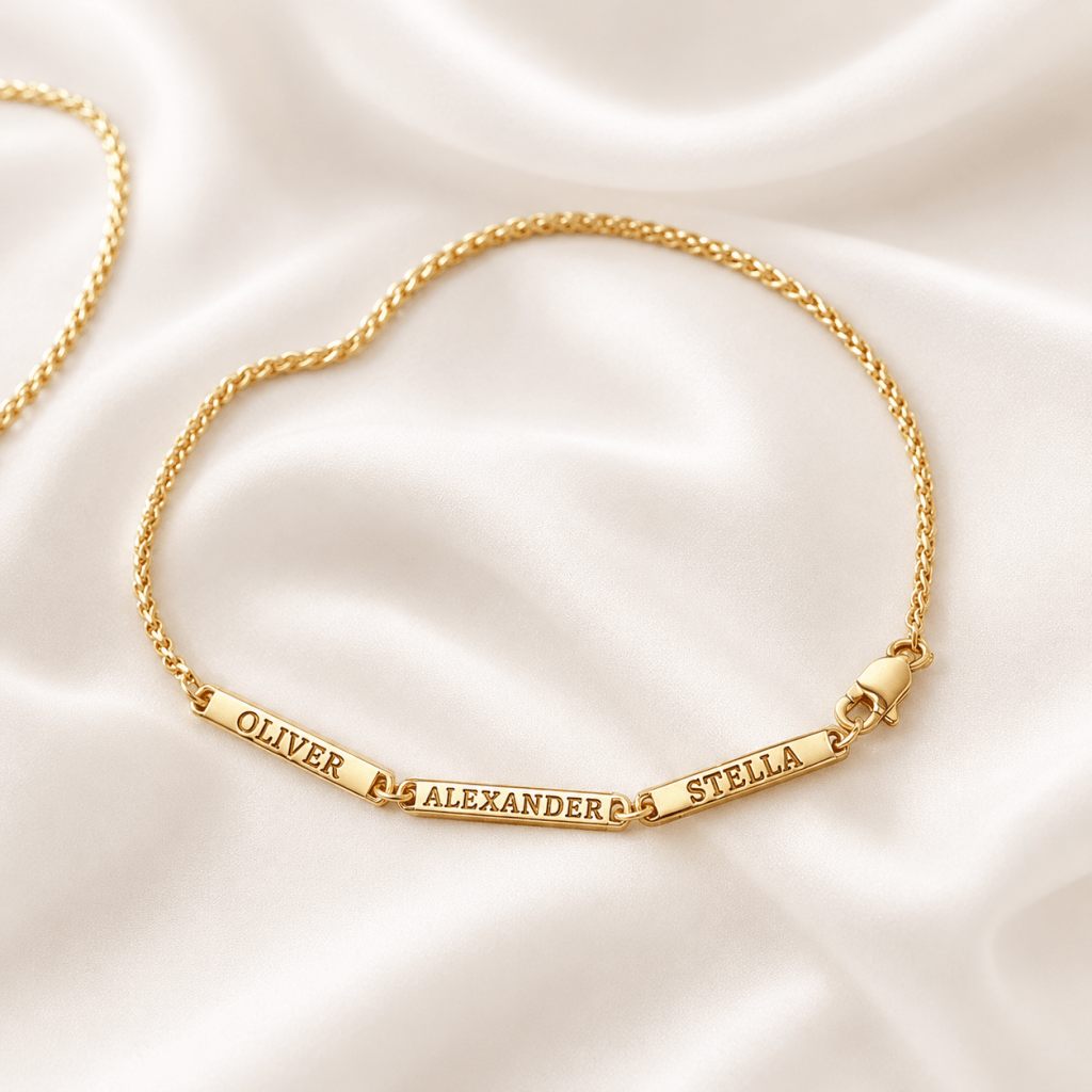Mens name bracelet with engraved kids names on sterling silver wheat chain in gold finish by Keevola