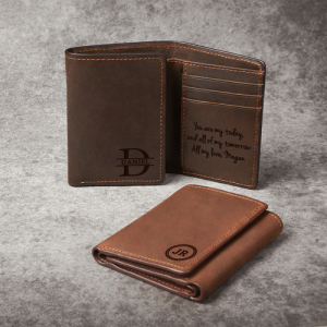 data-49.jpg personalized leather wallet with engraved name on trifold in light brown genuine leather