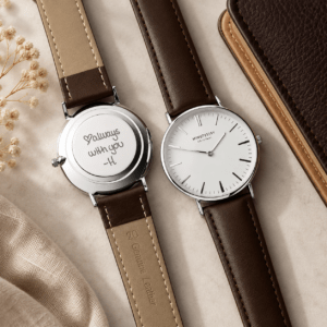 Engraved watch for groom with bride's handwriting laser-engraved on the back by Keevola