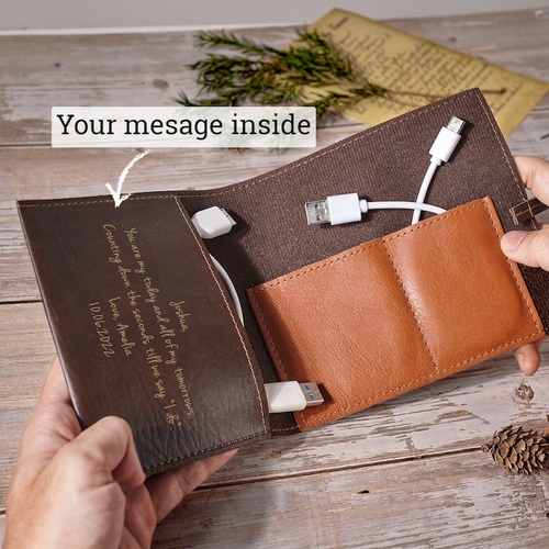 Personalized Leather Tech Case – Engraved Cable & Charger Organizer