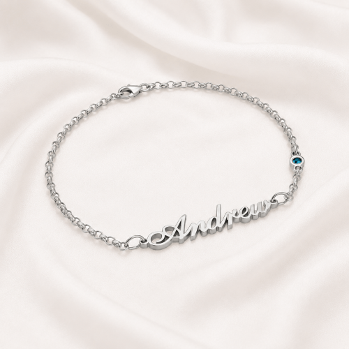 Personalized name bracelet for women with birthstone charm in sterling silver by Keevola