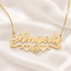 Personalized birthstone name necklace with underline hearts in sterling silver, gold plated