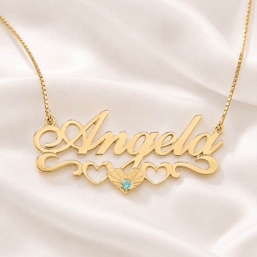 Personalized birthstone name necklace with underline hearts in sterling silver, gold plated