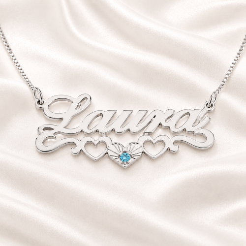 Personalized birthstone name necklace with underline hearts in sterling silver by Keevola