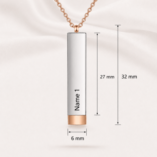 Size diagram of the hidden message capsule pendant, 6mm by 32mm