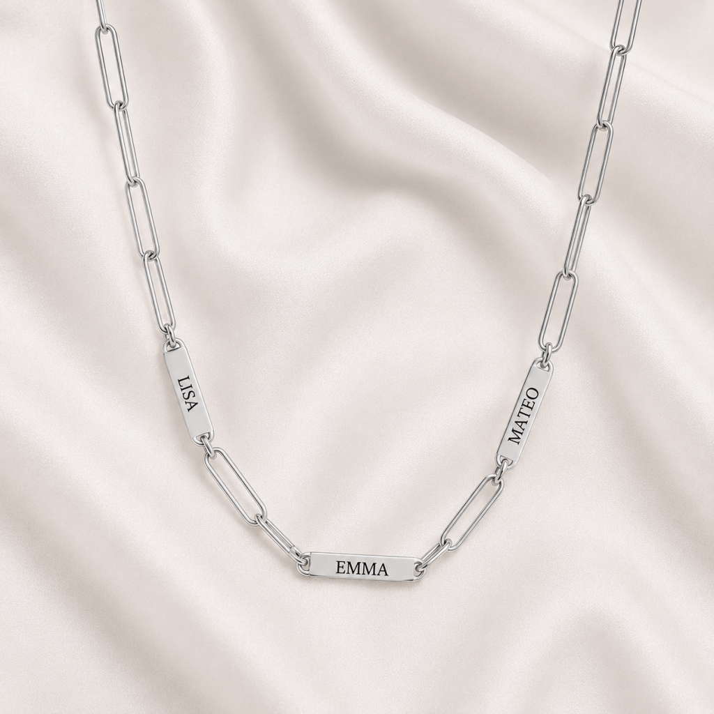 Family necklace with engraved name bars on a paperclip chain in sterling silver by Keevola