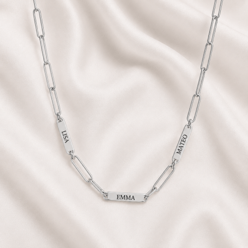 Family necklace with engraved name bars on a paperclip chain in sterling silver by Keevola