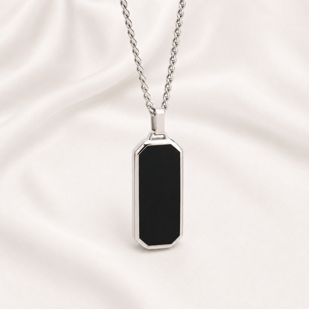 Engraved necklace for men with black enamel pendant on stainless steel chain by Keevola
