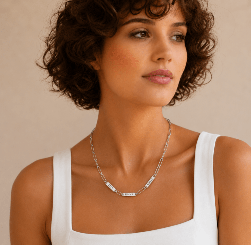 Family Necklace with Engraved Name Bars – Paperclip Chain