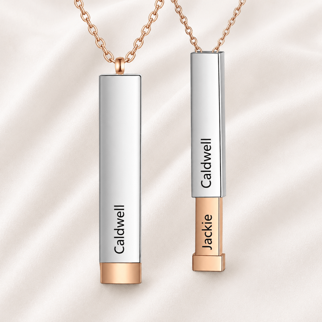 Hidden message necklace with engraved sliding capsule in chrome-finish stainless steel by Keevola