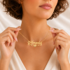 Close detail of the cursive name and birthstone set inside an underline heart