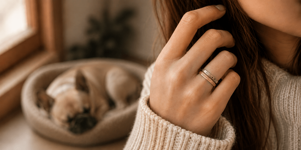 Engraved keepsake rings worn to mark a dog’s gotcha day