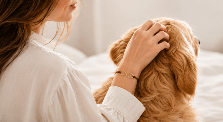 Gifts for pet lovers: woman hugging her golden retriever while wearing an engraved paw print name bracelet